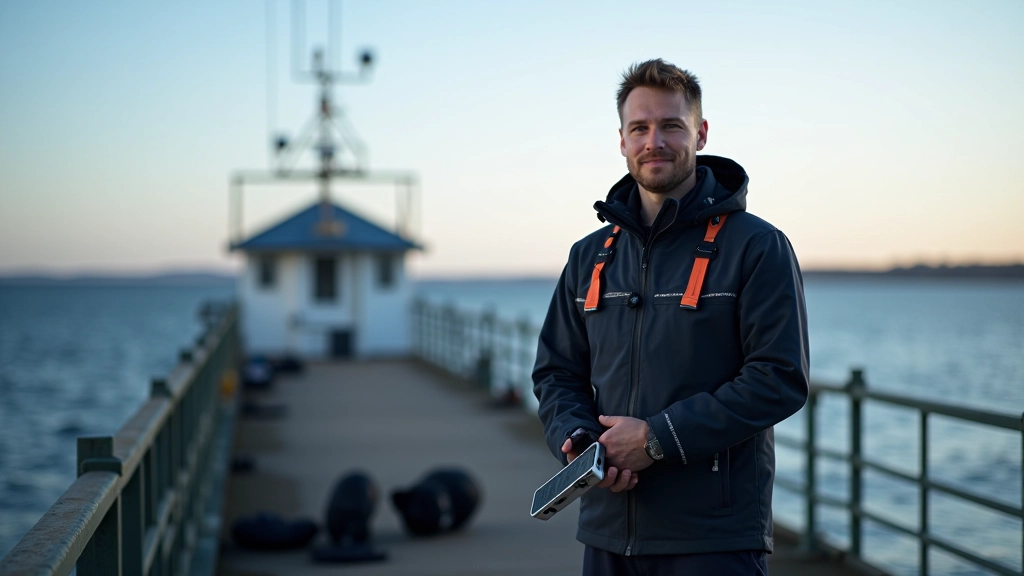 Rannikul asetsev anduri paigaldus, teemandvõrguga kaitsega, lained ja mere taust, päevavalgus