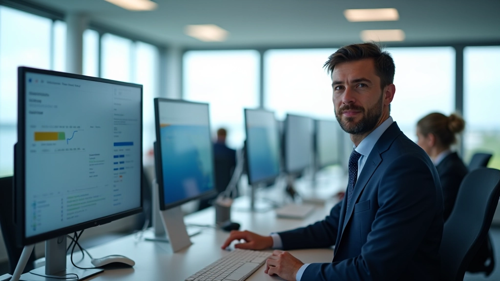 Saaremaa omavalitsuse kontoriruumi sisekujundus, arvutid ja monitoorid, kaardid seinal, inimesed kohtumise juures