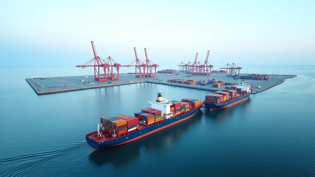 Läänemere sadama sissepääs, konteinerite read, laevad taustal, õhufoto