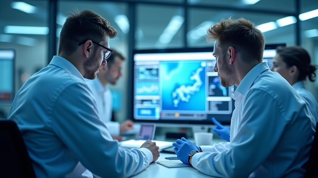 Töögrupp kohalikest spetsialistidest, kes vaatavad andmeid ekraanilt rannikuteaduse kontoriruumis, helesinine valgus, koostöö hetk